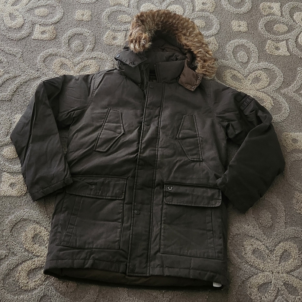 True Religion Brown Military Field Jacket with Fur Hood Size S Men's